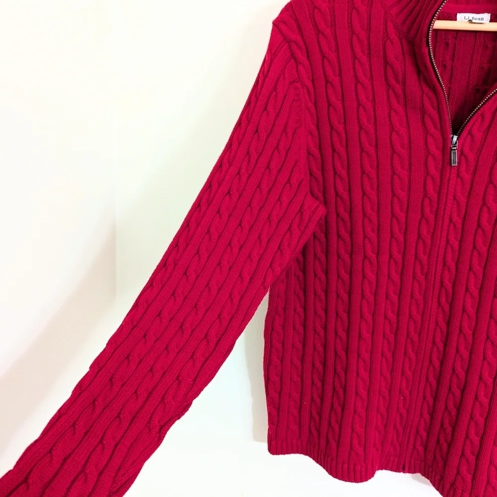 Like New L.L. Bean 100% Cotton‎ Cable Knit Full Zip Sweater Red Color Size 1X